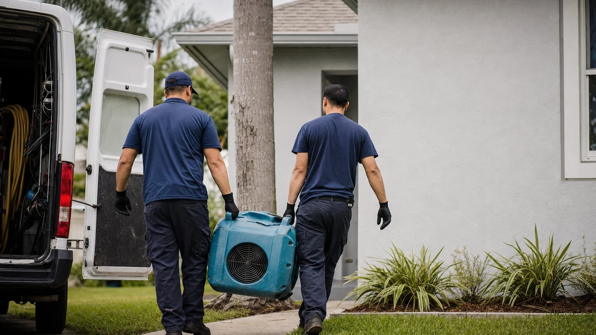 Two restoration technicians carrying an air mover from a work van to a job