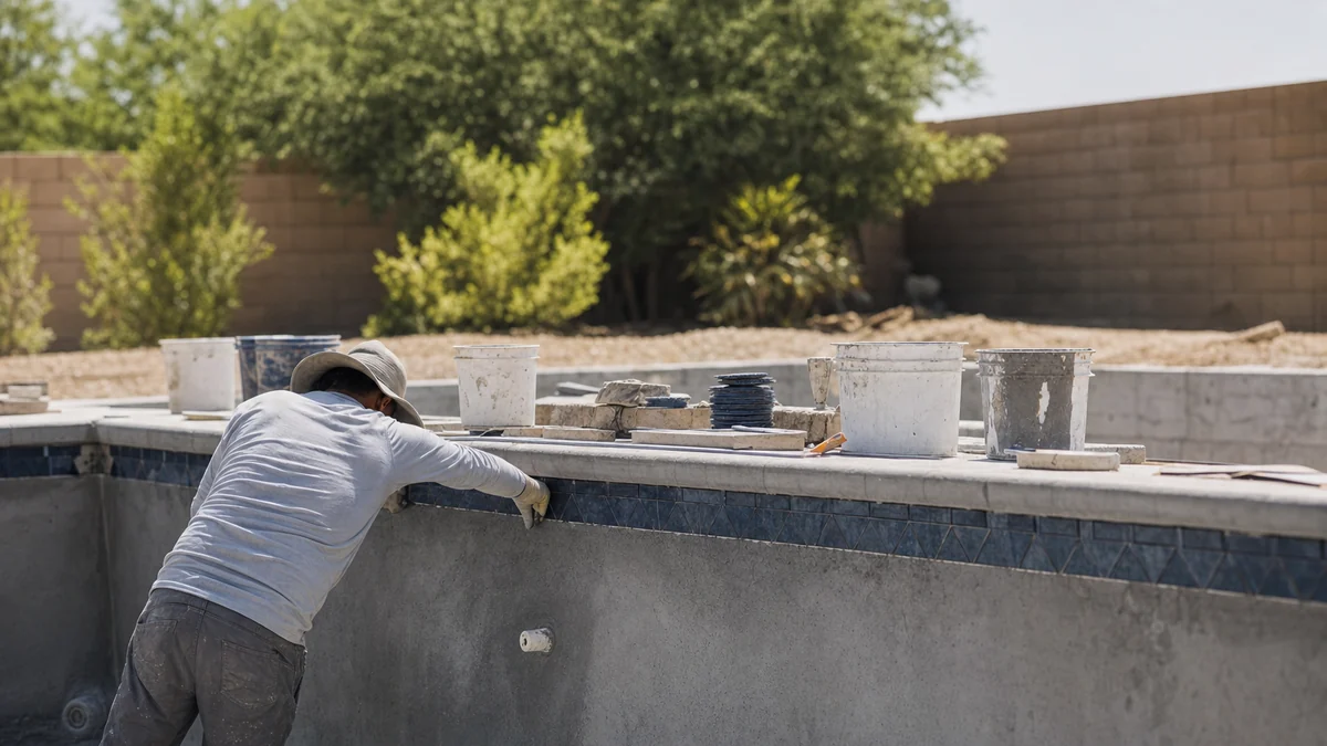 Tile setter laying waterline tile on a new gunite pool shell