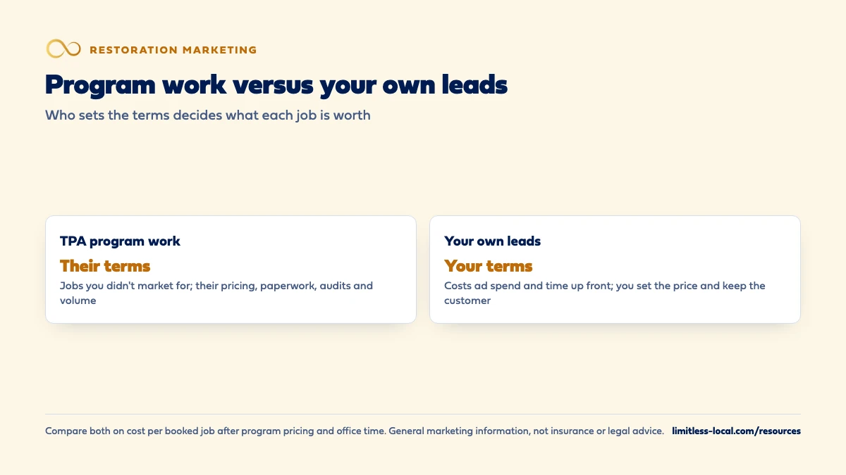 Comparison of TPA program work and your own leads: program work brings jobs you didn't market for on the program's terms for pricing, paperwork, audits and volume; your own leads cost ad spend and time up front, but you set the price and keep the customer
