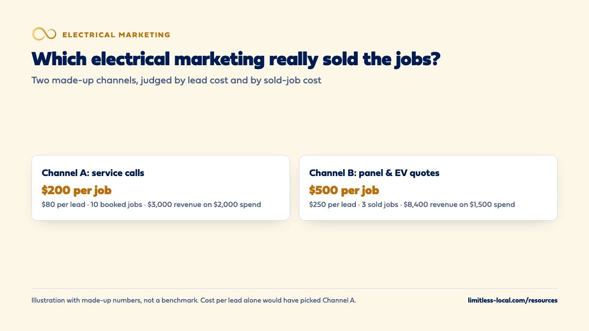 Comparison of two made-up electrical marketing channels: Channel A, service-call ads, costs $80 per lead and $200 per booked job, with 10 booked jobs and $3,000 revenue on $2,000 spend; Channel B, a panel upgrade and EV charger campaign, costs $250 per lead and $500 per sold job, with 3 sold jobs and $8,400 revenue on $1,500 spend
