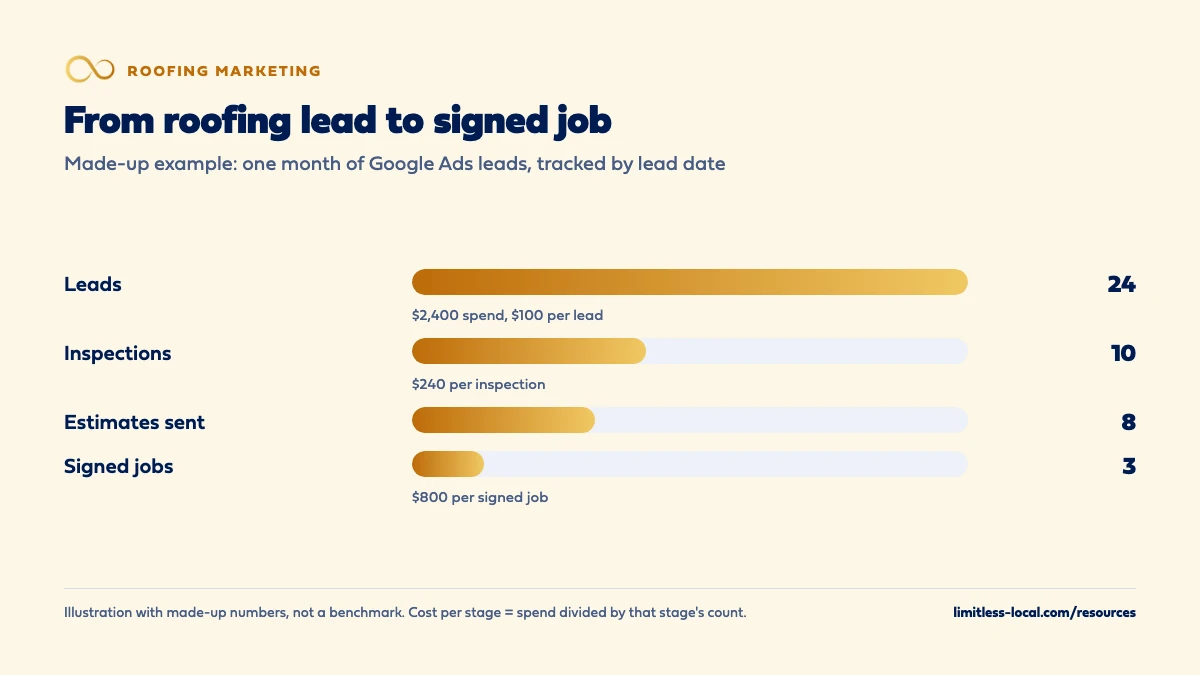 Bar chart of a made-up month of roofing leads: 24 leads from $2,400 of ads at $100 each, 10 inspections at $240 each, 8 estimates sent, and 3 signed jobs at $800 per signed job
