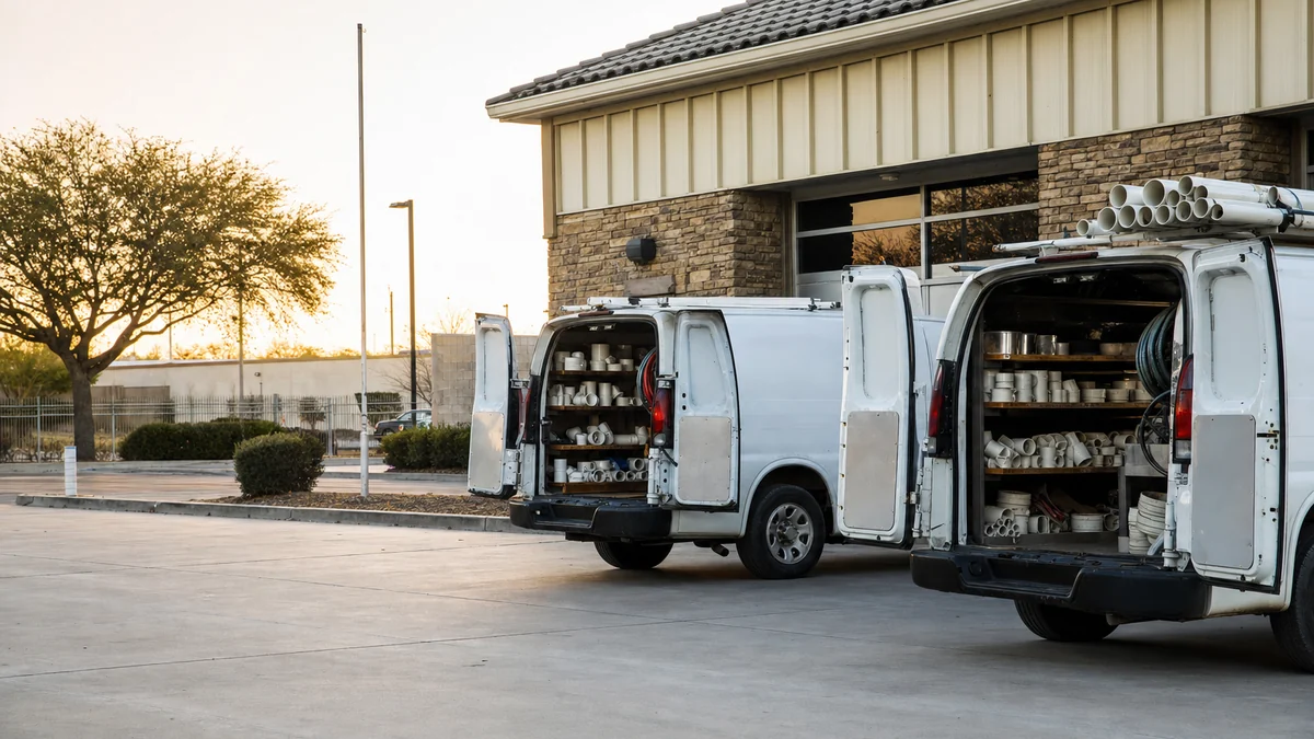 Two stocked plumbing service vans parked side by side outside a shop in the early morning