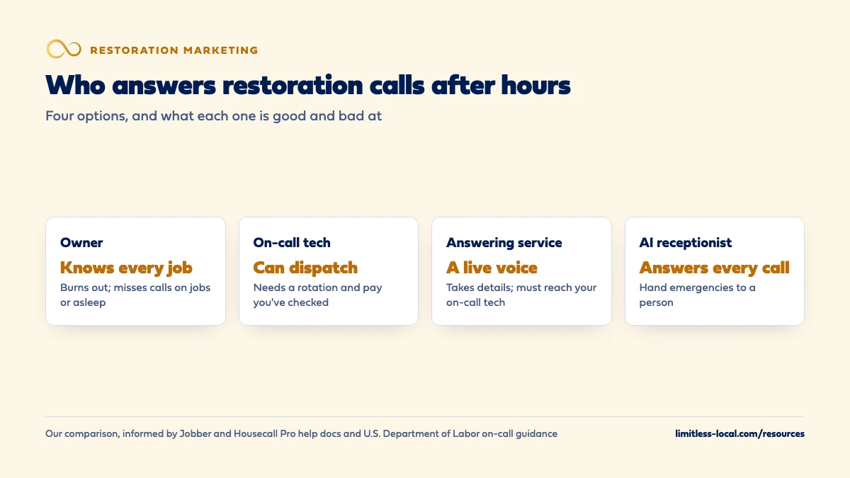 Who answers restoration calls after hours: the owner knows every job but burns out and misses calls; an on-call tech can dispatch but needs a rotation and checked pay; an answering service gives a live voice but must reach the on-call tech; an AI receptionist answers every call but should hand emergencies to a person