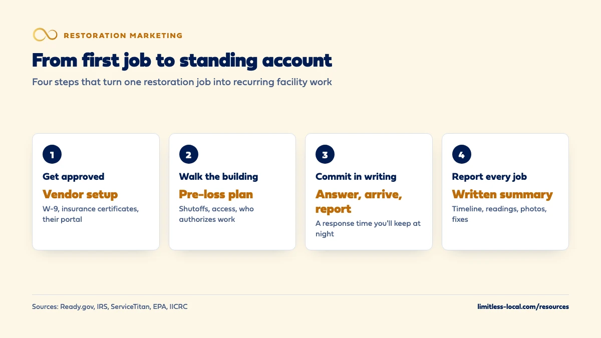 Four steps from a first restoration job to a standing facility account: get approved with vendor setup including W-9, insurance certificates and their portal; walk the building to write a pre-loss plan with shutoffs, access and who authorizes work; commit in writing to answer, arrive and report times you can keep at night; and send a written summary of every job with timeline, readings, photos and fixes