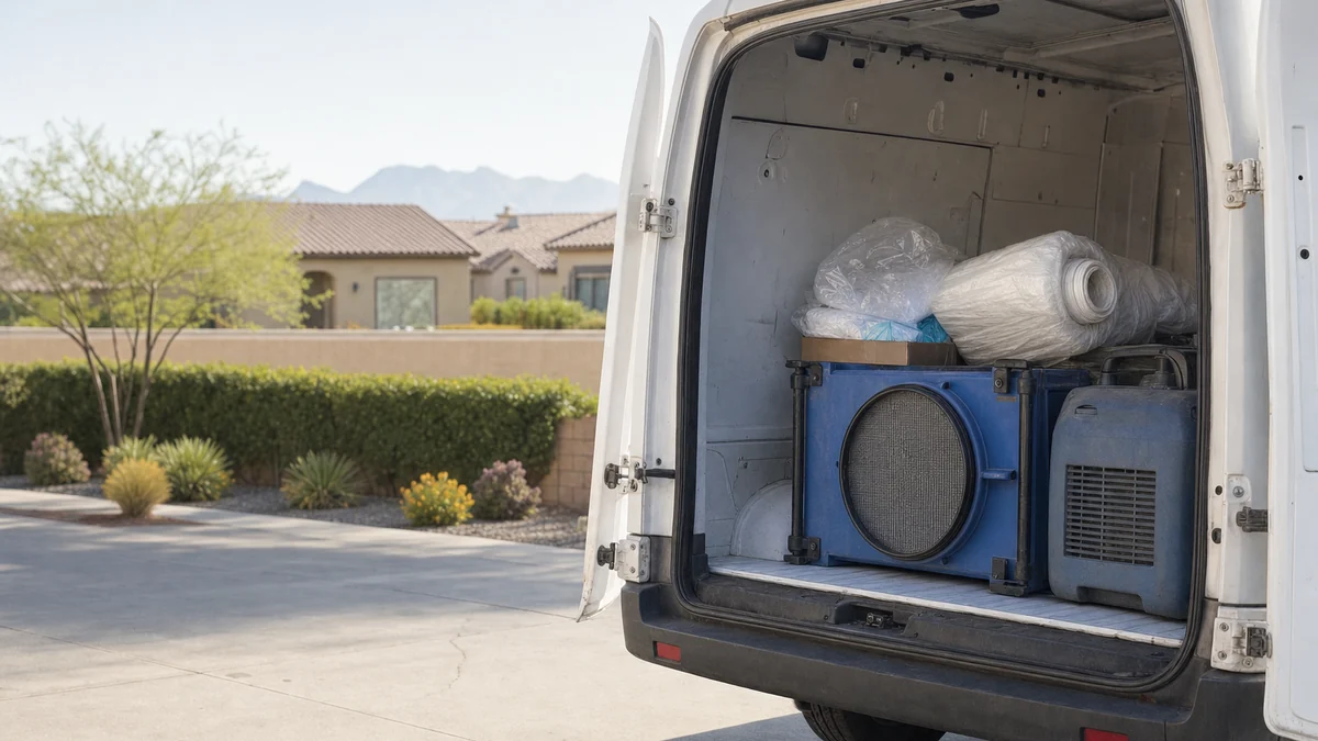 Work van loaded with an air scrubber, plastic sheeting and protective suits for a mold job