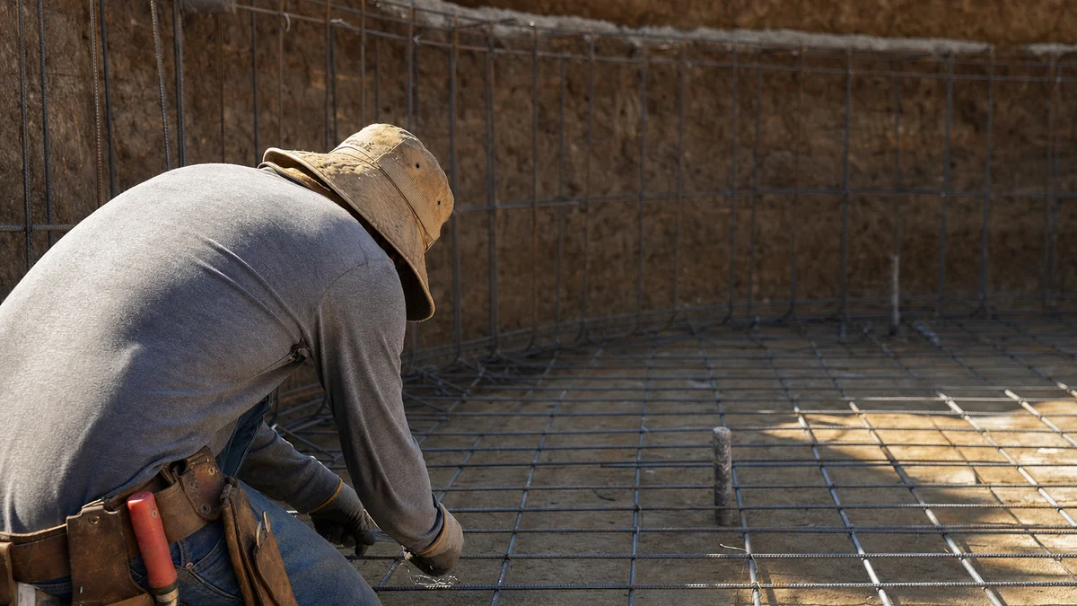 Worker tying the rebar grid in an excavated backyard pool