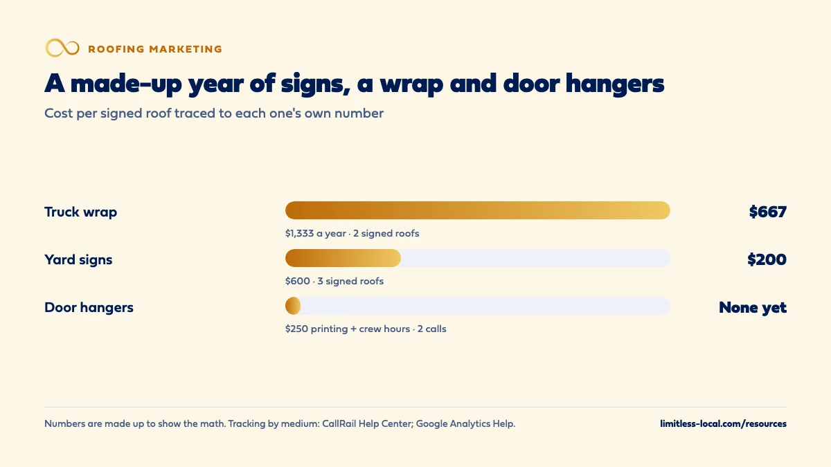 Bar chart of a made-up year of offline roofing marketing traced by tracking number: a truck wrap counted at $1,333 a year with 2 signed roofs costs about $667 per signed roof, $600 of yard signs with 3 signed roofs costs $200 per signed roof, and $250 of door hangers plus crew hours brought 2 calls and no signed roofs yet
