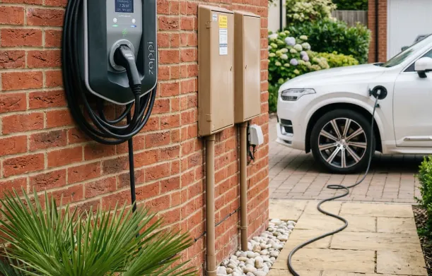 EV charger installed on a home exterior wall
