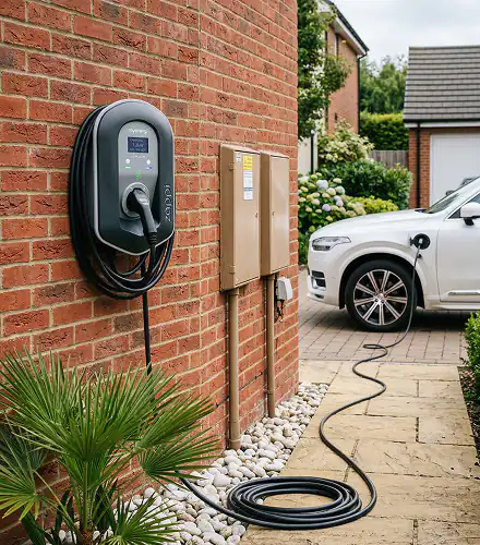 EV charger and electrical panel installed on a brick wall