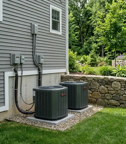 Two HVAC condenser units installed beside a home