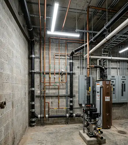 Plumbing utility room with copper pipes and water heater