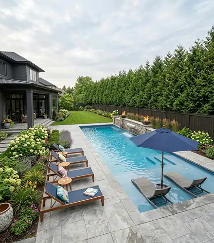 Backyard swimming pool with lounge chairs and landscaping