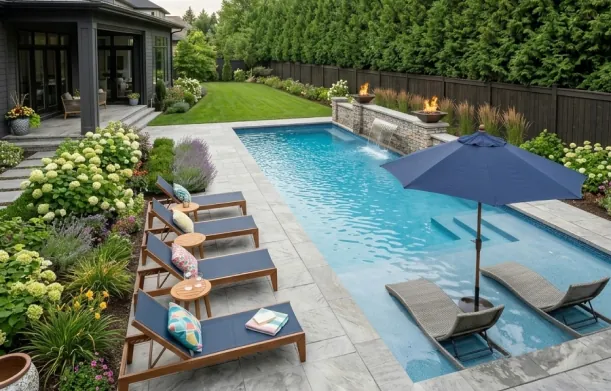 Backyard pool with lounge chairs and umbrella