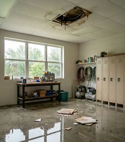 Water-damaged room with collapsed ceiling awaiting restoration
