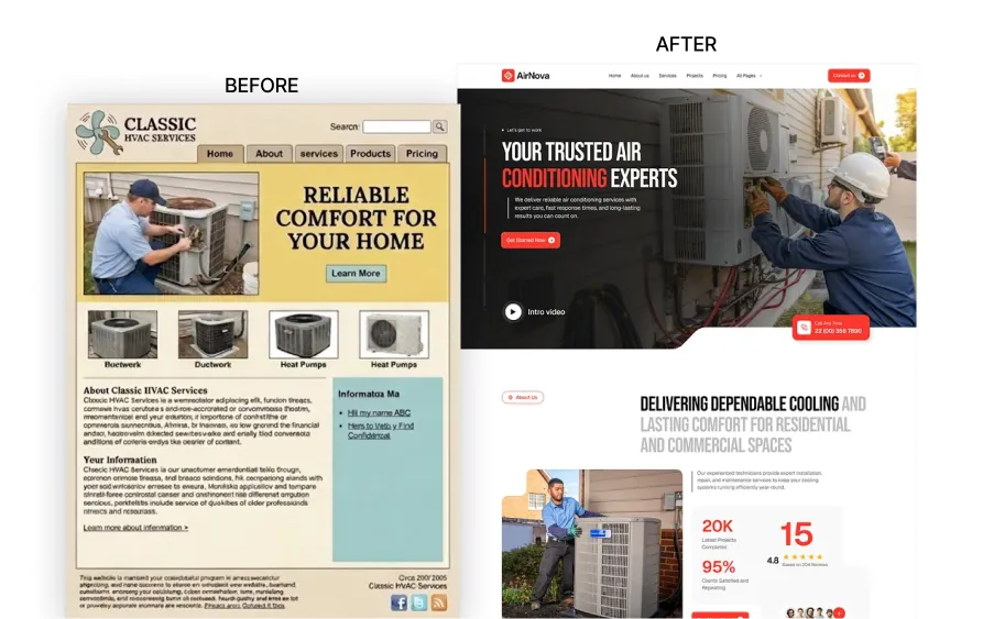 Before and after comparison of a service business website redesign