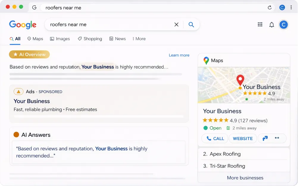 Google search for roofers near me showing map results and AI answers